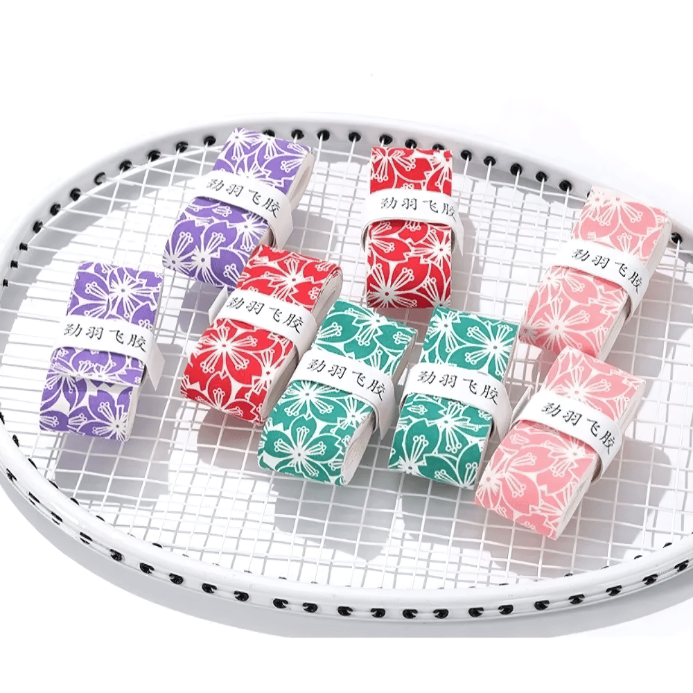 Sakura Print Non-Slip Badminton Grip Tape - SF3462 in colorful sakura designs on a racket, non-slip and shock-absorbing.